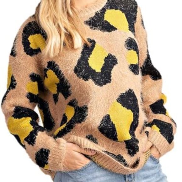 Easel Black and Gold Crew Neck Sweater Leopard Print - Picture 1 of 8